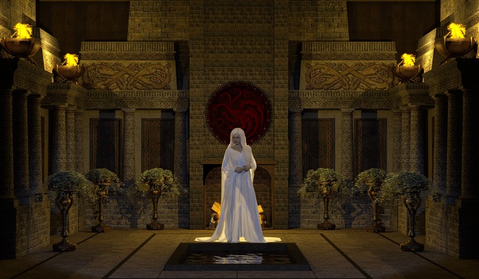 Woman in white dress in front of dragon sigil