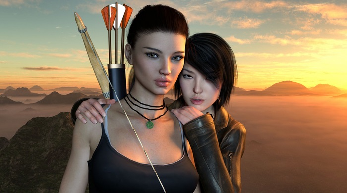 Two fantasy women warriors with bow and arrows at sunset
