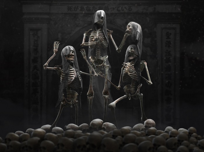 Four skeletons in dark robes in front of a stone archway