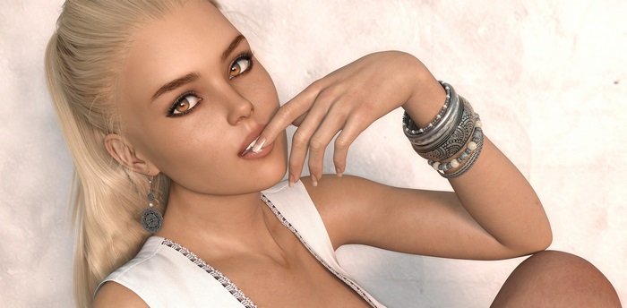 Woman with blonde hair and jewelry