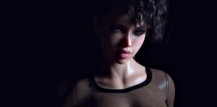 Woman with dark hair and mesh top