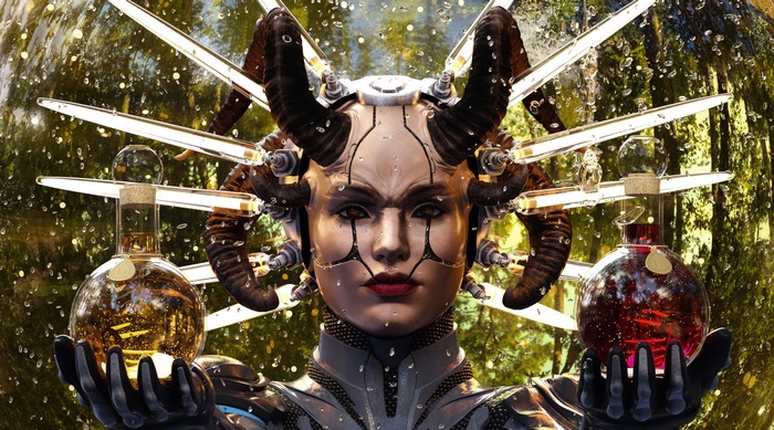 Cyberpunk demon holding potions in a forest