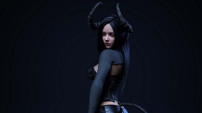 Fantasy Demon with Horns and Red Eyes