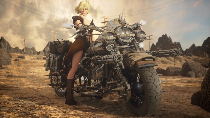 Woman with a heavily armed motorcycle in a post-apocalyptic landscape