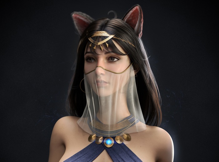 Woman with cat ears and Egyptian-inspired veil