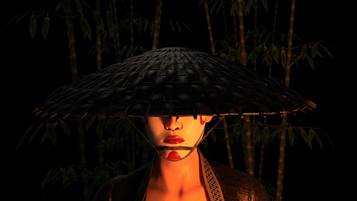Woman in conical hat with face paint and bamboo