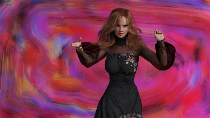 Woman in black dress with colorful background
