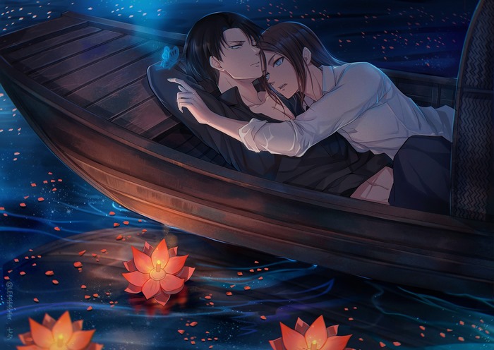 Levi Ackerman and Eren Yeager in a boat