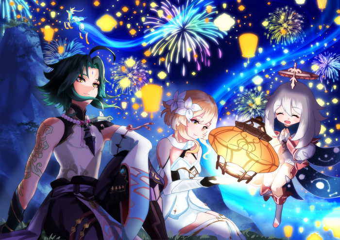 Lumine, Xiao, and Paimon from Genshin Impact with fireworks