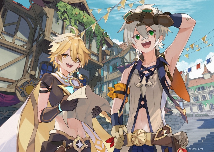 Aether and Bennett from Genshin Impact in a town