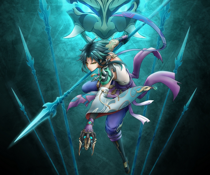 Xiao from Genshin Impact with spears