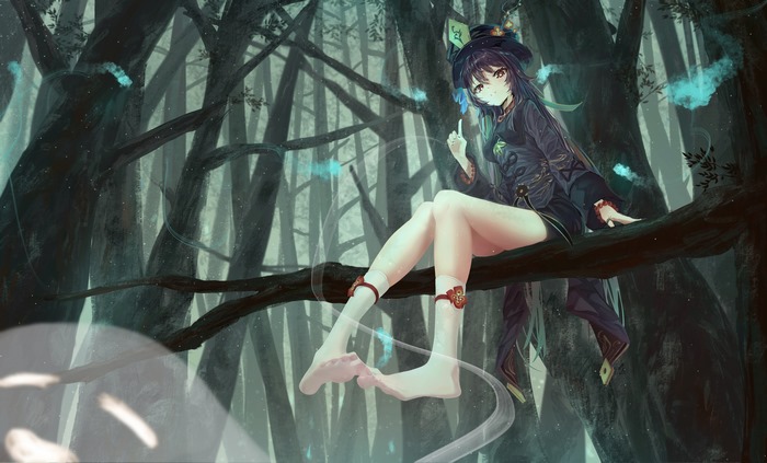Hu Tao Sitting on Tree Branch 4K