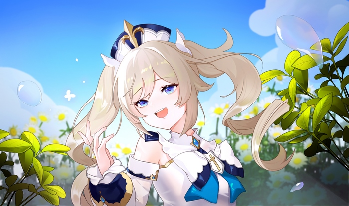 Barbara from Genshin Impact in a field of flowers