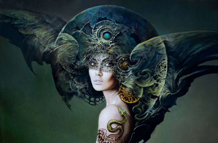 Fantasy Woman with Snake Tattoo and Elaborate Headdress