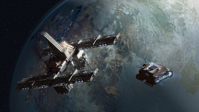 Sci-Fi Space Station Orbiting Earth