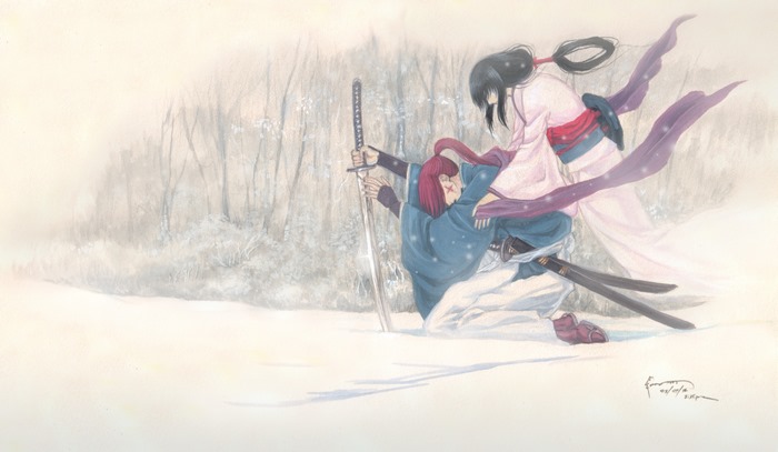 Kenshin Himura and Tomoe Yukishiro in the snow