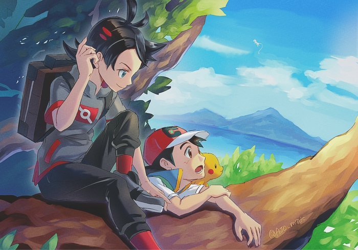 Ash Ketchum and Goh from Pokémon with Pikachu