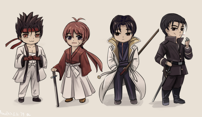 Kenshin Himura, Sanosuke Sagara, Aoshi Shinomori, and Saitou Hajime