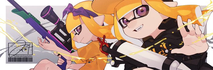 Two Inklings from Splatoon 2 with weapons