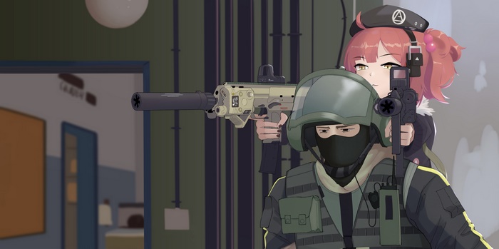 Bandit from Tom Clancy's Rainbow Six Siege with a girl holding an MP7
