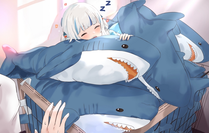 Gawr Gura from Hololive sleeping on shark plushies