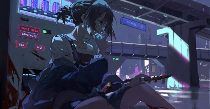 Girl with knife by vending machine, Game Over screen