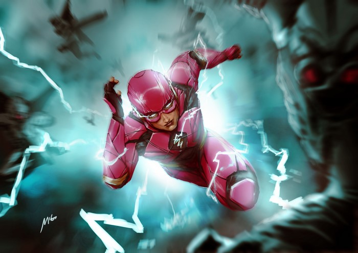 The Flash from DC Comics running with lightning