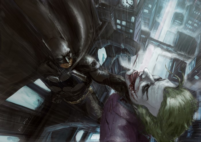 Batman punching the Joker in Gotham City 4K