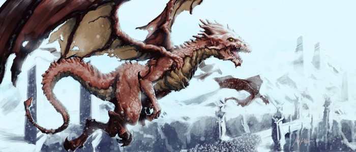 Red Dragon Flying Over Snowy Mountains