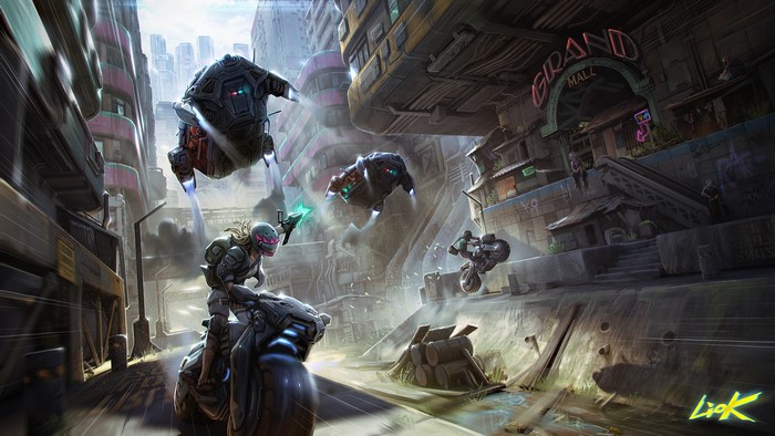 Cyberpunk Motorcycle Chase with Drones
