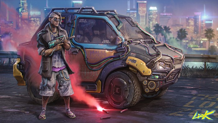 Man with futuristic car and smoke bombs in Cyberpunk city 4K