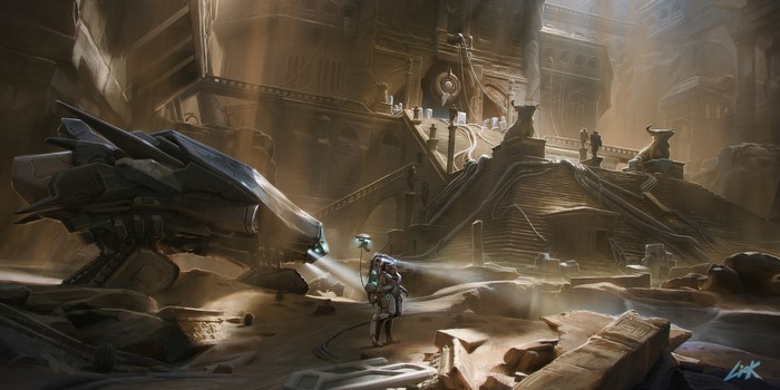 Sci-Fi exploration vehicle and astronaut in ancient ruins