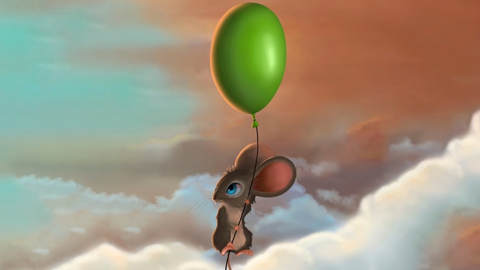 Mouse holding a green balloon in the sky