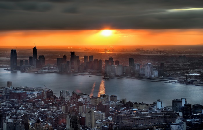 New York City skyline at sunrise over the Hudson River