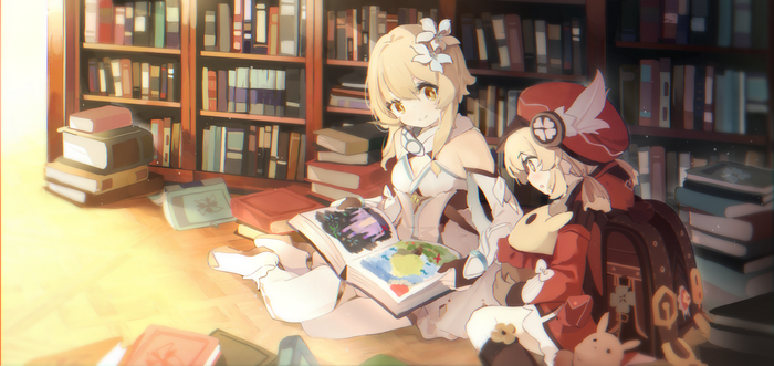 Lumine and Klee from Genshin Impact reading a book