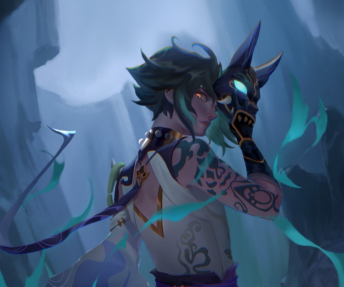 Xiao from Genshin Impact holding a mask