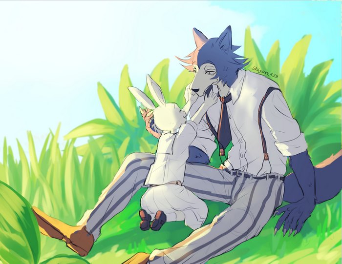 Legosi and Haru from Beastars sitting in grass