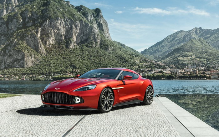Red Aston Martin Vanquish Zagato by a lake