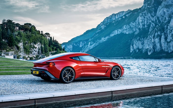 Red Aston Martin Vanquish Zagato by a Lake