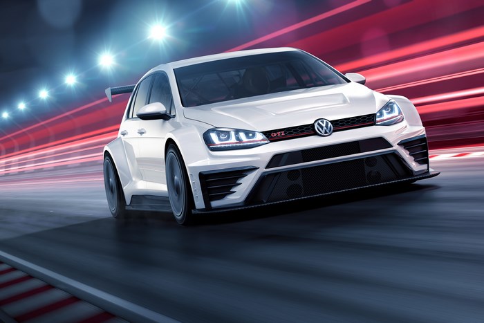 White Volkswagen Golf GTI TCR race car on track