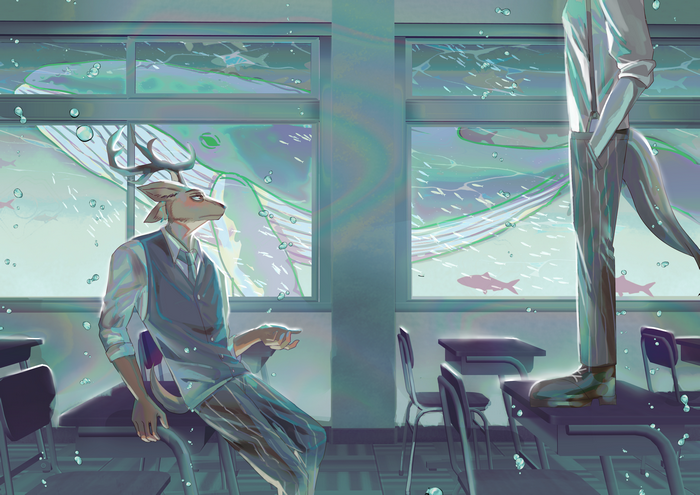 Louis and Legosi from Beastars in a flooded classroom 4K
