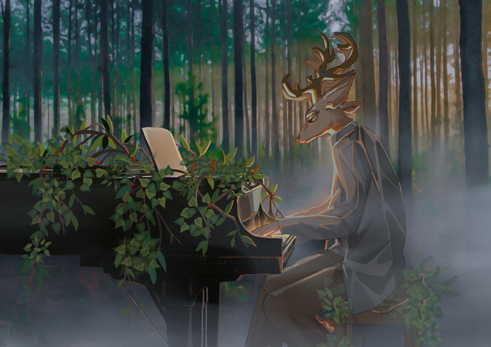Louis from Beastars playing piano in a forest