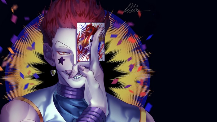 Hisoka from Hunter x Hunter holding a Joker card