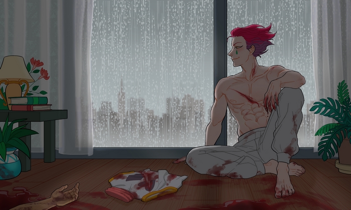 Hisoka Sitting in Rainy Room Scene