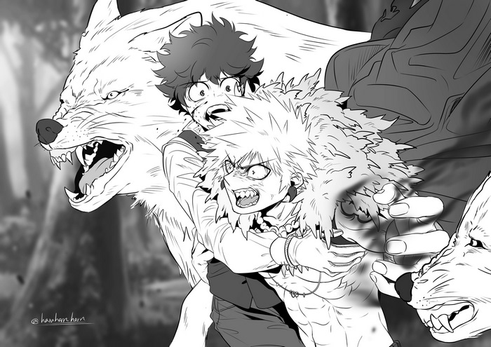 Izuku Midoriya and Katsuki Bakugou with wolves