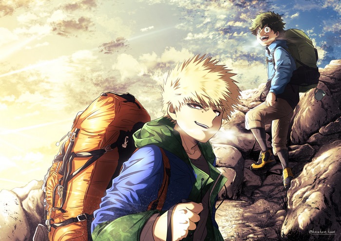 Izuku Midoriya and Katsuki Bakugou from My Hero Academia hiking