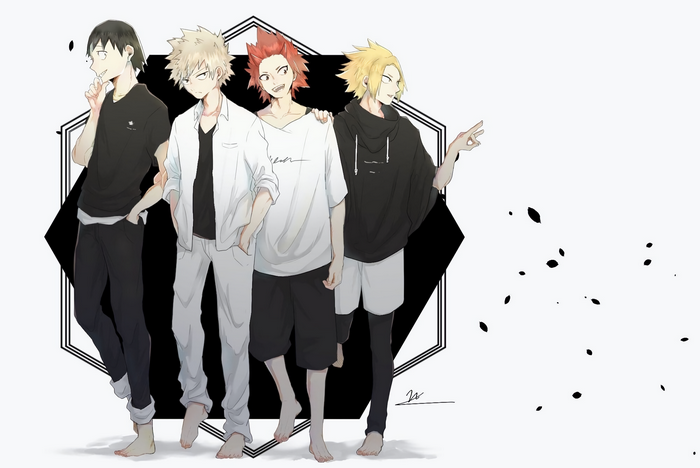 My Hero Academia characters Katsuki Bakugou, Denki Kaminari, Eijiro Kirishima, and Hanta Sero