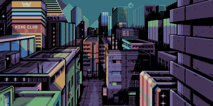Pixel art cityscape with tall buildings and neon signs