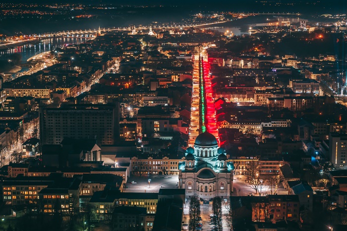 Kaunas cityscape at night with illuminated street