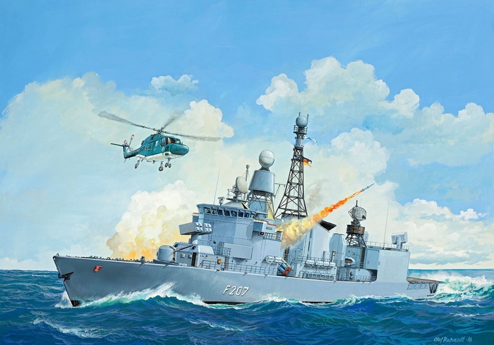 German Frigate F207 Firing Missile with Helicopter